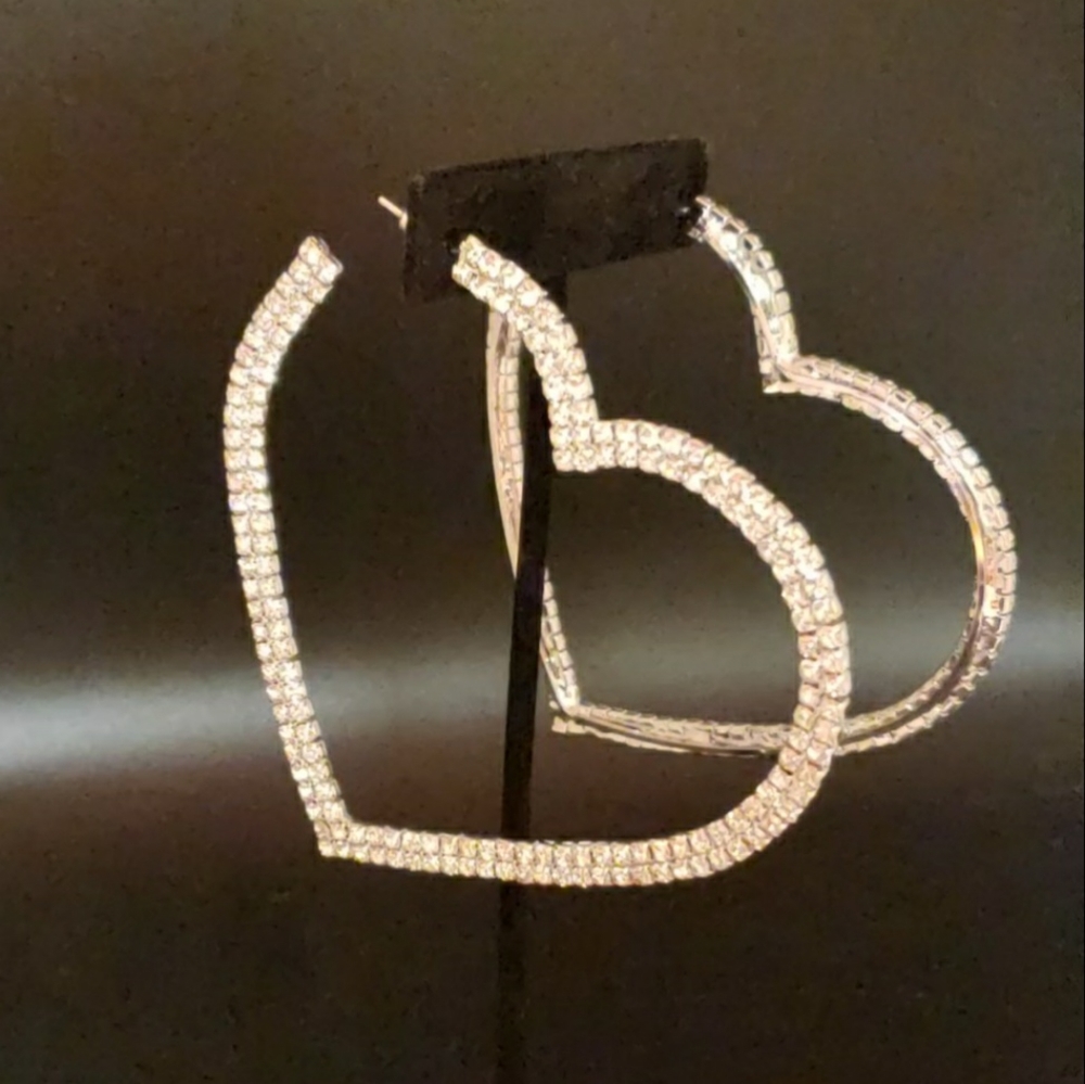 Silver Hoop Rhinestone Heart Earrings Silver Tone 925 Post - Picture 7 of 11